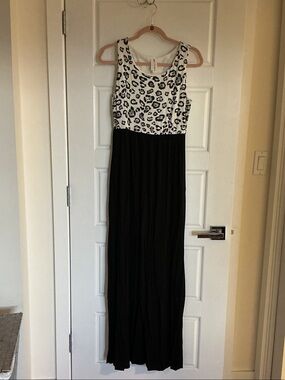 Vanilla Bay Black Maxi Dress with Black and Grey Leopard-Print Bodice